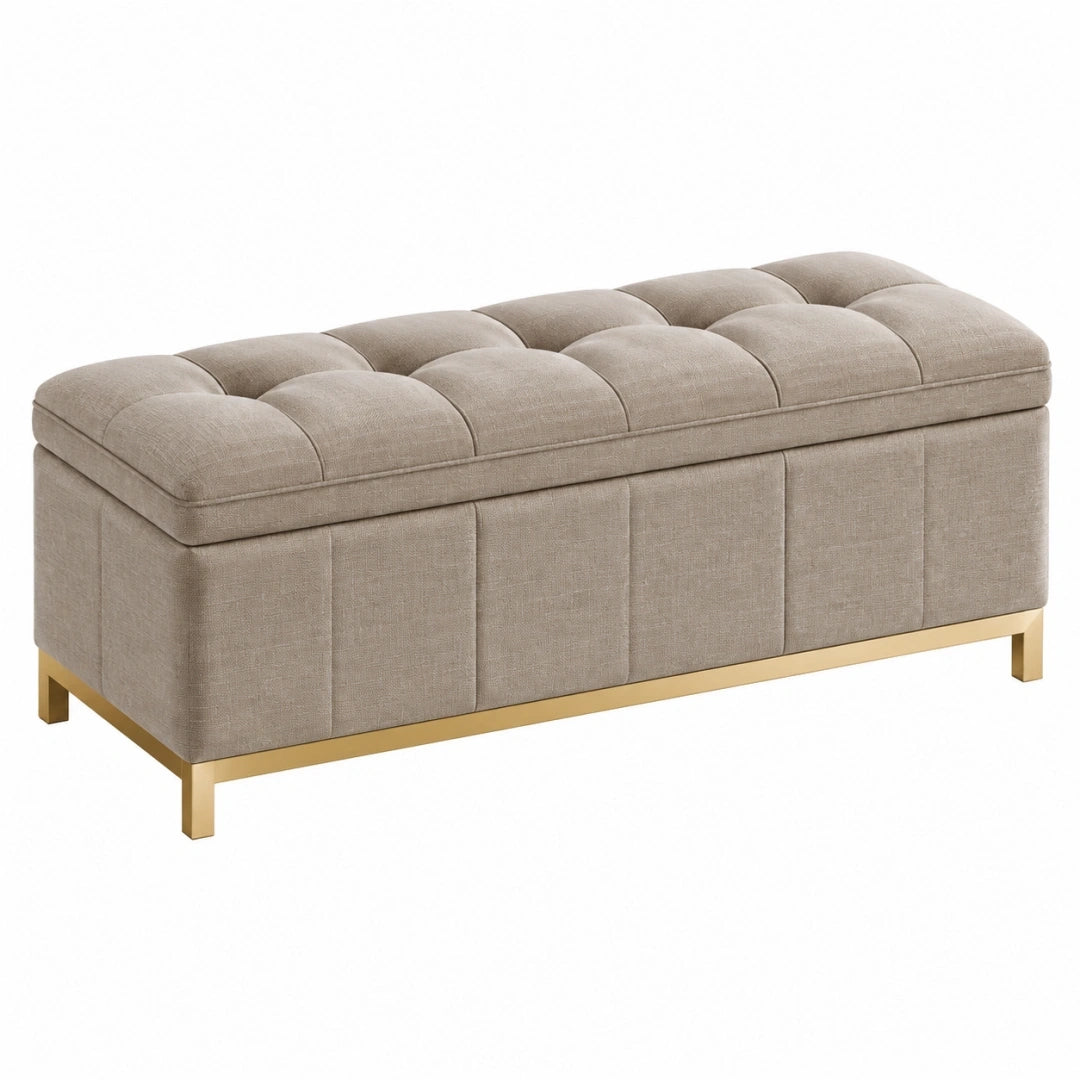 Ławka ze schowkiem 120 x 45 x 48 cm tapicerowana tkaniną beżowa ze złotą metalową podstawą w stylu glamour