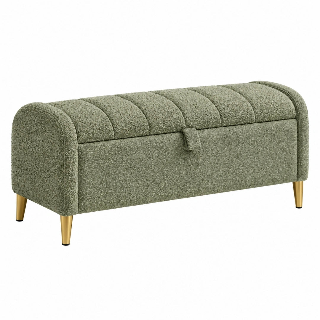 Ławka ze schowkiem 120 x 45 x 55 cm zielona z tkaniny bouclé w stylu nowoczesnym