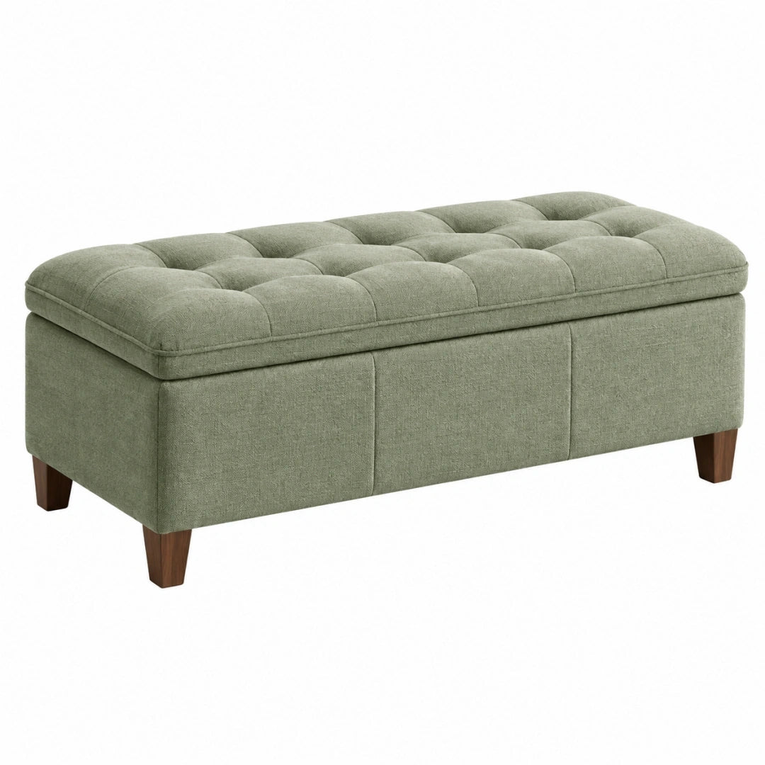 Ławka ze schowkiem 110 x 45 x 46 cm tapicerowana zielona - pikowane siedzisko do przedpokoju