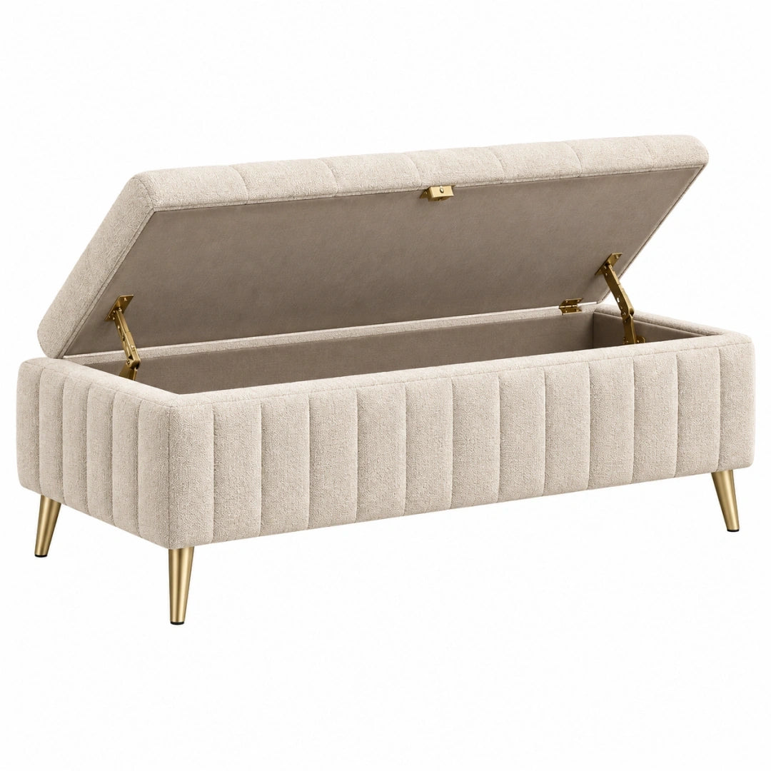 Ławka ze schowkiem 120 x 45 x 48 cm beżowa tapicerowana w stylu glamour