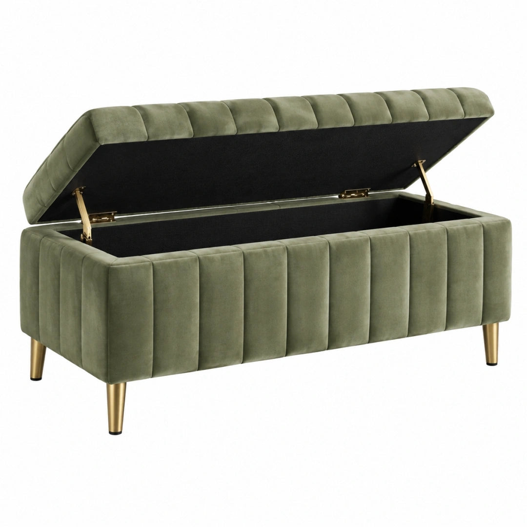 Ławka ze schowkiem 120 x 45 x 48 cm zielona welurowa w stylu glamour