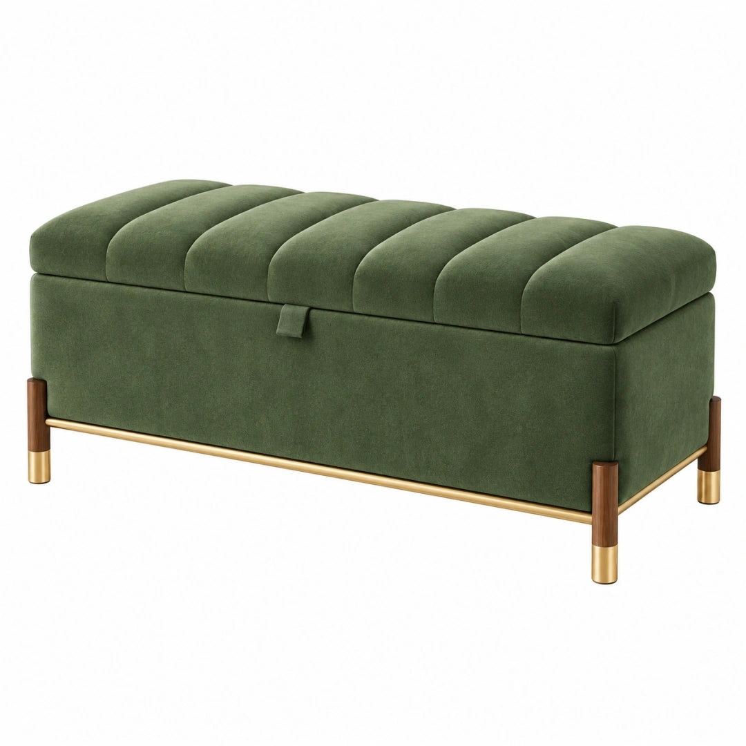 Ławka ze schowkiem 110 x 45 x 50 cm zielona tapicerowana w stylu glamour