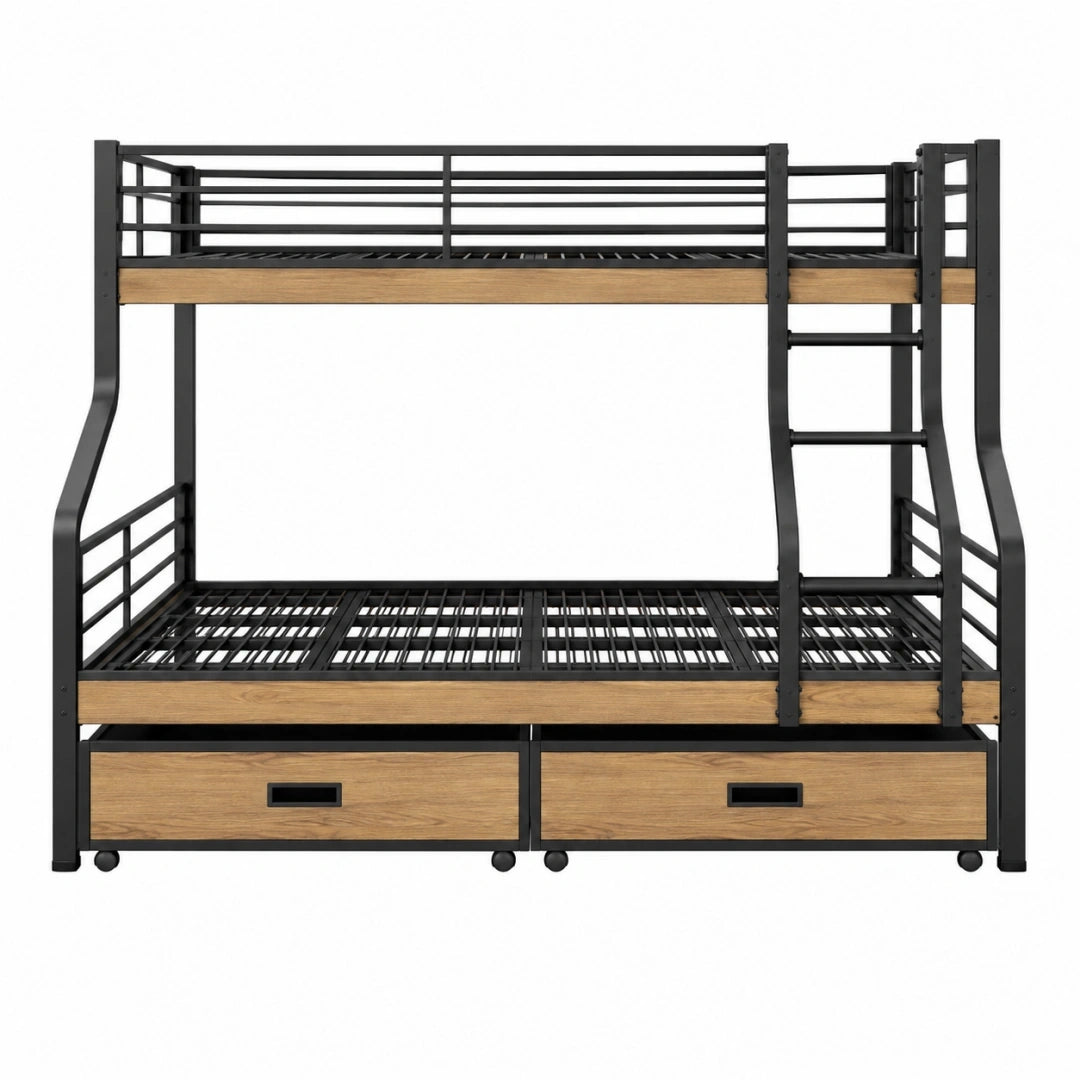 Łóżko piętrowe 90 x 200 cm z metalu i drewna czarne w stylu industrialnym z szufladami