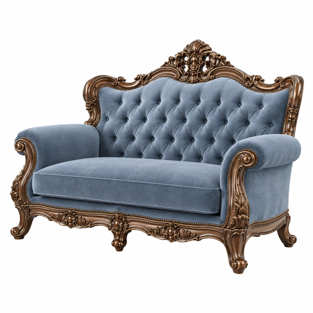 Sofa dwuosobowa 170 x 90 x 120 cm z aksamitną tapicerką niebieska w stylu barokowym