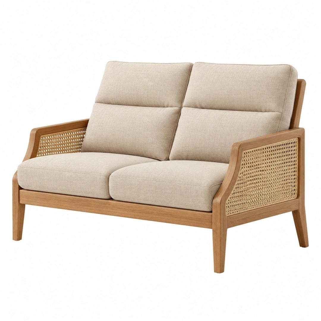 Sofa dwuosobowa 130 x 75 x 85 cm beżowa z drewnianą ramą i rattanowym splotem w stylu naturalnym