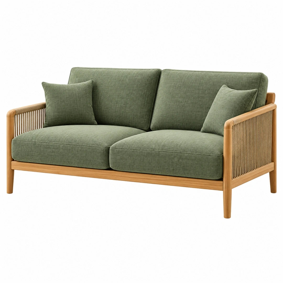 Sofa dwuosobowa 150 x 80 cm zielona z drewnianą ramą w stylu boho