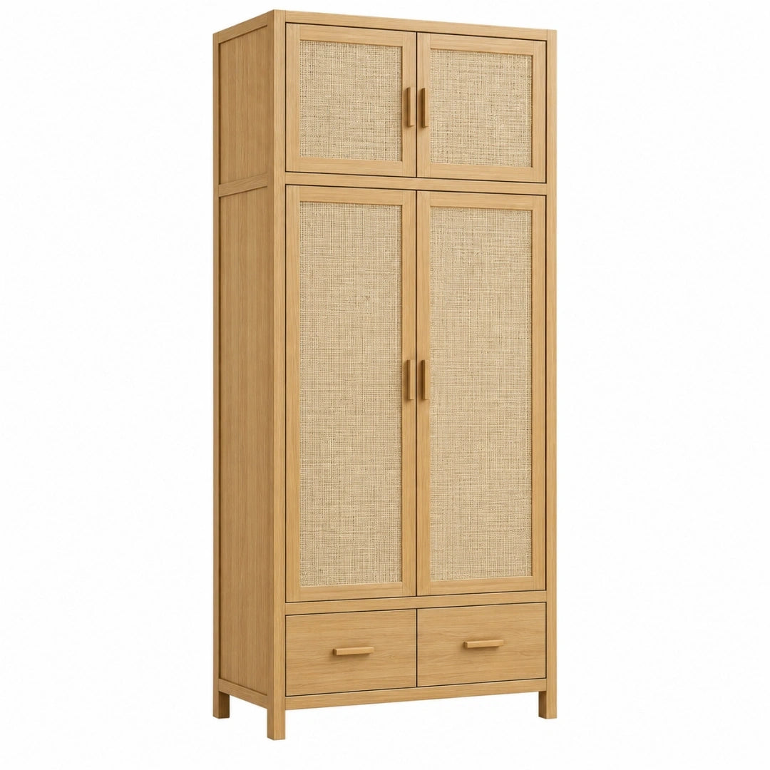 Szafa 80 x 40 x 180 cm z drewna w kolorze naturalnym z plecionką rattanową w stylu naturalnym