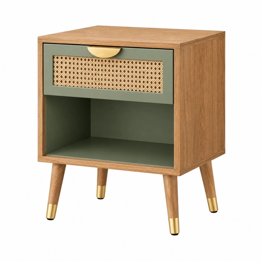 Szafka nocna 45 x 35 x 60 cm z płyty meblowej zielona z plecionką rattanową w stylu retro