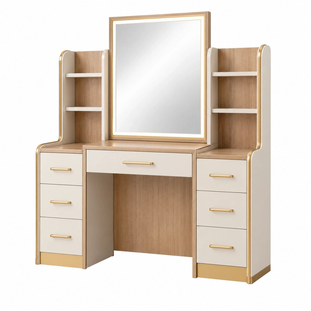 Toaletka z lustrem 120 x 45 x 160 cm z płyty drewnopochodnej kremowo-dębowa z szufladami w stylu nowoczesnym